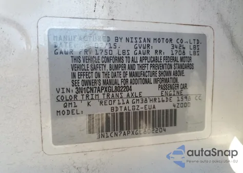 2016 Nissan Versa S z USA, uszkodzony, nr VIN 3N1CN7APXGL802204